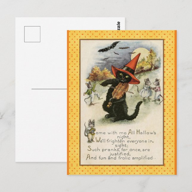 Vintage Black Cat Violin Halloween Postcard (Front/Back)