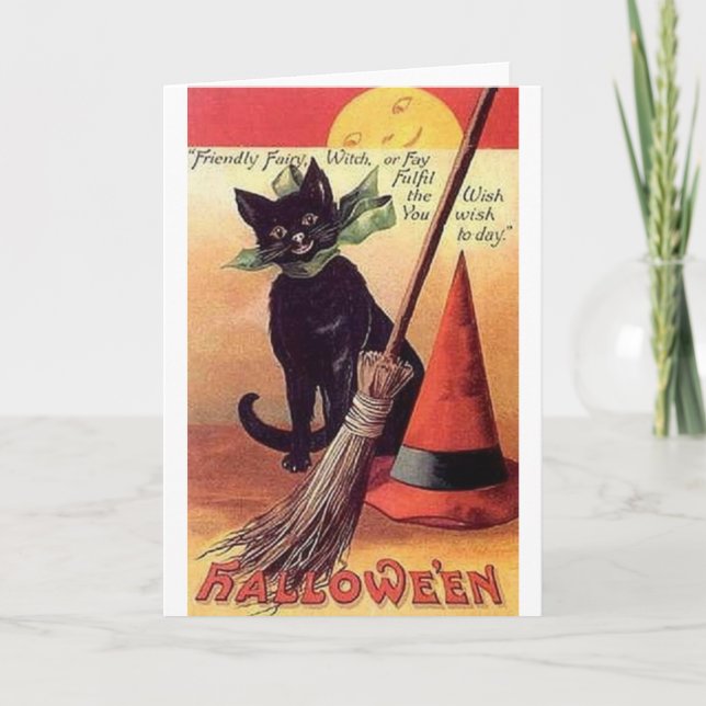 Vintage Black Cat Wish Halloween Greeting Card (Front)