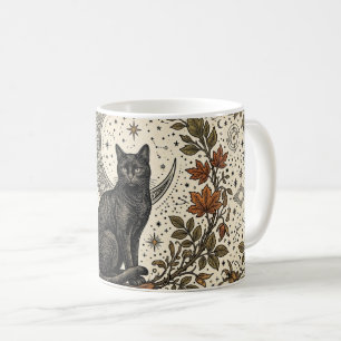 Vintage Black Cat with Crescent Moon, Leaves  Coffee Mug