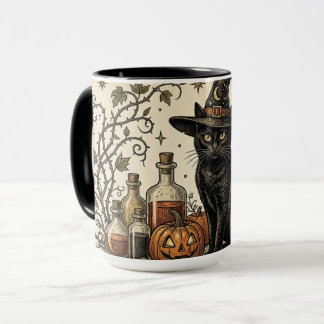 Vintage Black Cat with Pumpkin, Crescent Moon and Mug