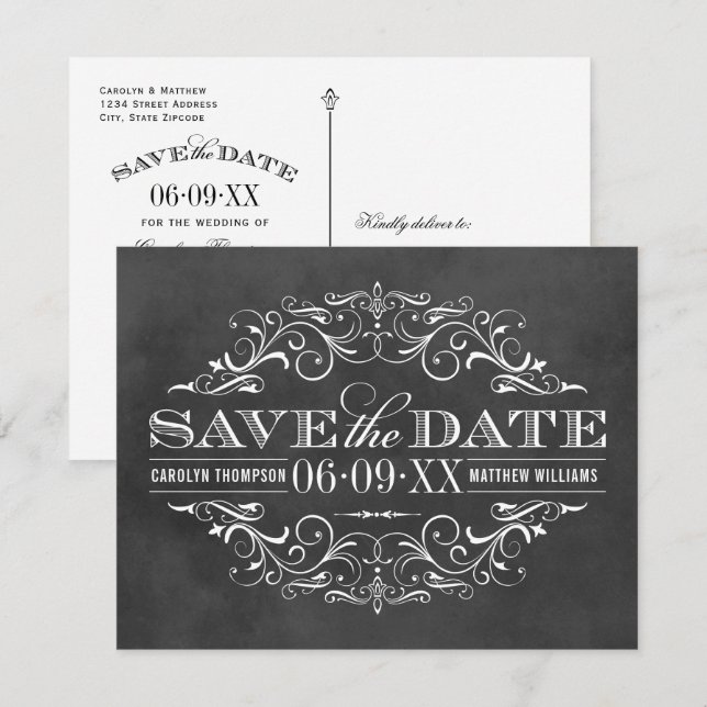 Vintage Black Chalkboard Flourish Wedding Save The Date (Front/Back)