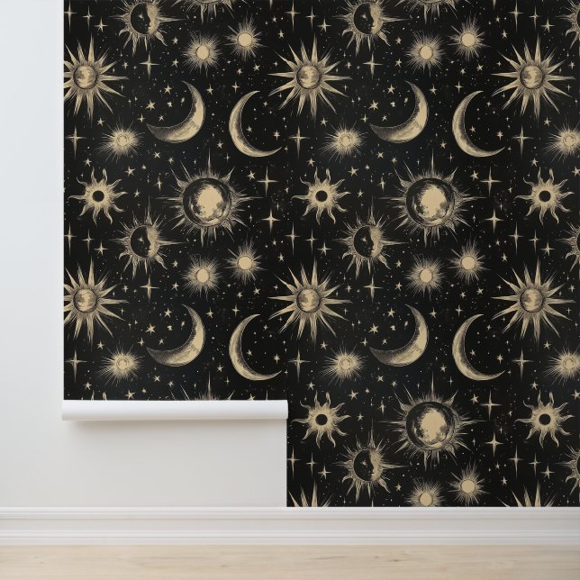 Vintage Black Chalkboard Night Sky Stars & Moons Wallpaper (Application)