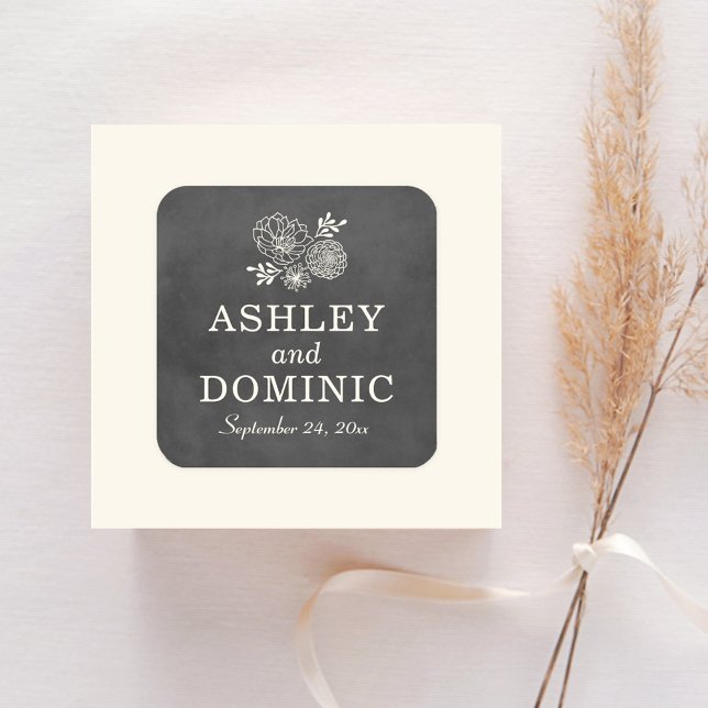 Vintage Black Chalkboard Wedding Monogram Square Sticker (Creator Uploaded)