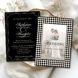 Vintage Black Checkered Old Money Photo Wedding Invitation