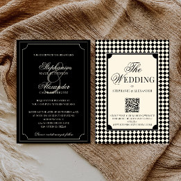 Vintage Black Checkered Old Money QR Code Wedding Invitation