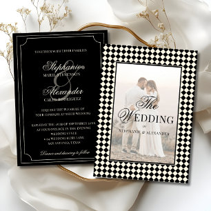 Vintage Black Chequered Old Money Photo Wedding Invitation