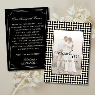 Vintage Black Chequered Old Money Photo Wedding Thank You Card