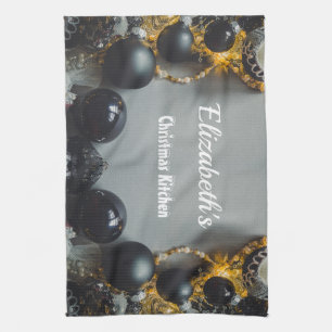 Vintage Black Christmas Ornaments with Ribbon Kitchen Towel