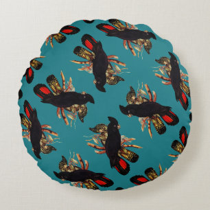 Vintage Black Cockatoo Elizabeth Gould 1800s Round Pillow