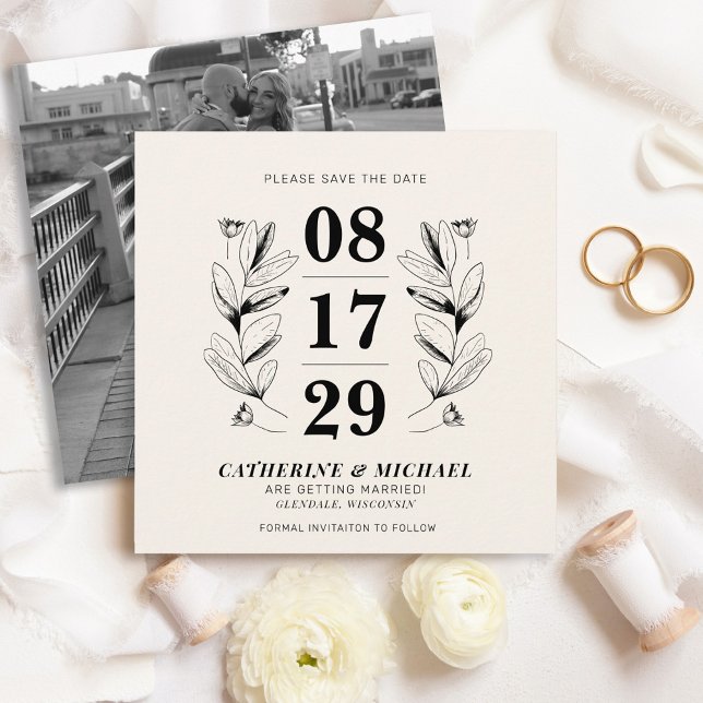 Vintage Black & Cream Botanical Elegant Wedding Save The Date (Elegant vintage black & cream retro botanical floral photo square wedding save the date)