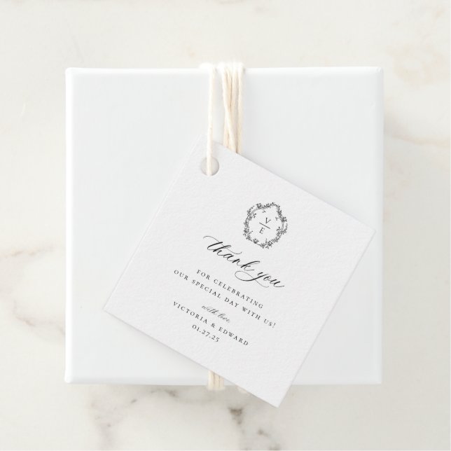 Vintage Black Crest Monogram Wedding Thank You Favour Tags (In Situ)