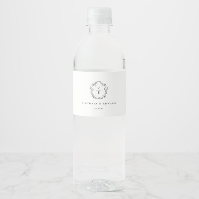 Vintage Black Crest Monogram Wedding Water Bottle Label (Front)