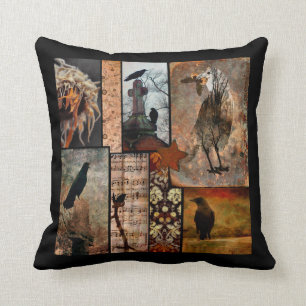 Vintage Black Crow Flower Collage Throw Pillow