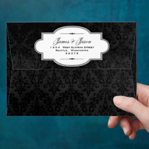 Vintage Black Damask: Custom Linen Wedding A-7 Envelopes