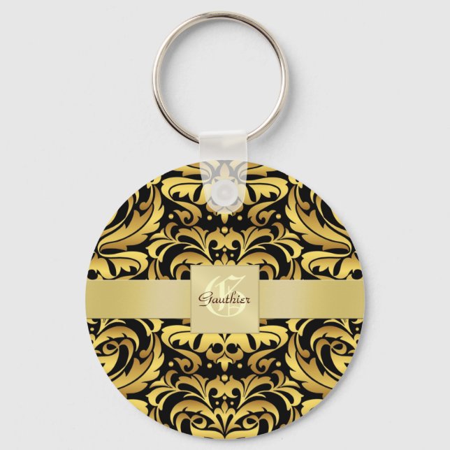 Vintage Black Damask Gold Monogram Keychain (Front)