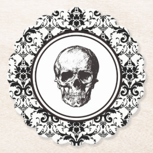 Vintage Black Damask Pattern Skull HALLOWEEN Paper Coaster