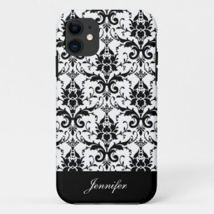 Vintage Black Damask Pattern with Monogram Border iPhone 11 Case