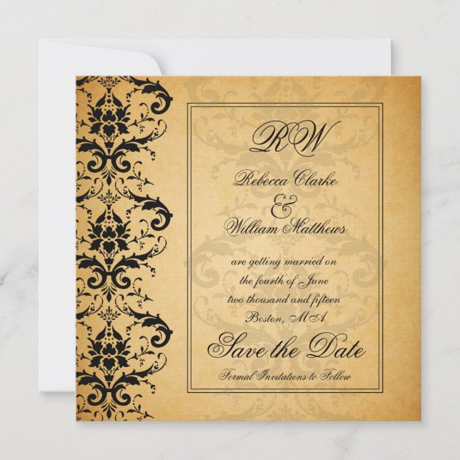 Vintage Black Damask Save the Date Announcements (Front)