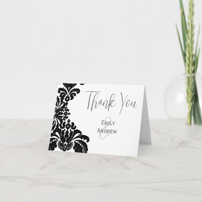 Vintage Black Damask Wedding Thank You Card (Front)