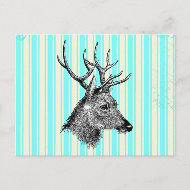 Vintage Black Deer Girly Teal White Stripes Postcard (Front)