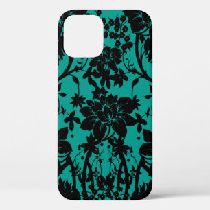 Vintage Black Floral Design on Peacock Green iPhone 12 Case