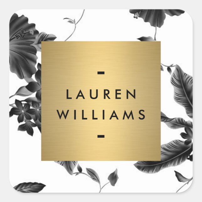 Vintage Black Floral Pattern Personalized Square Sticker (Front)