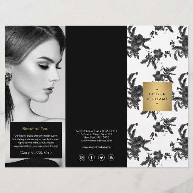 Vintage Black Floral Pattern Tri-Fold Brochure (Front)