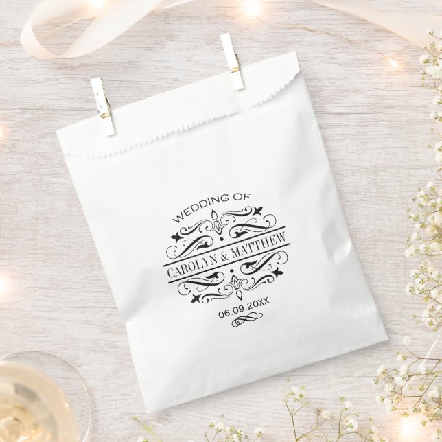 Vintage Black Flourish Monogram Wedding Favour Bag (Clipped)