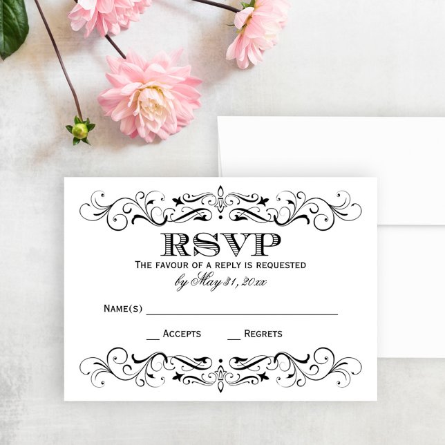 Vintage Black Flourish White Wedding RSVP Card (Creator Uploaded)