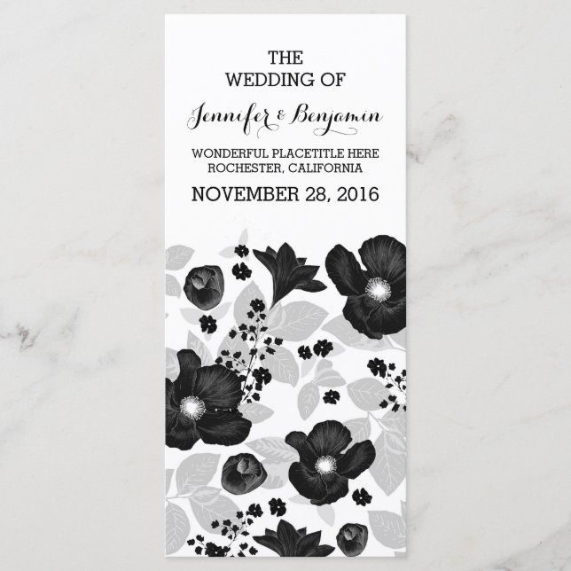 Vintage black flowers wreath wedding programs (Front)