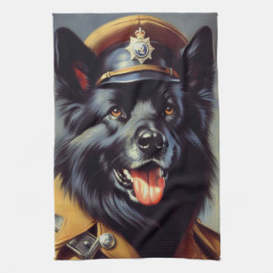 Vintage Black German Shepherd Painting Kitchen Towel