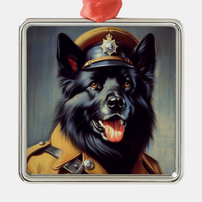 Vintage Black German Shepherd Painting Metal Ornament (Front)
