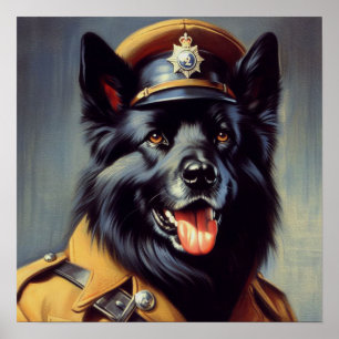 Vintage Black German Shepherd Painting Poster