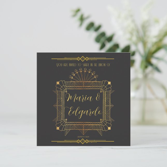 Vintage Black & Gold Art Deco Wedding Invitations (Standing Front)