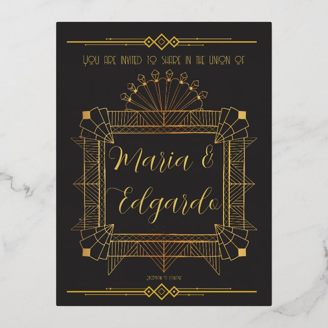 Vintage Black & Gold Art Deco Wedding Invitations (Front)