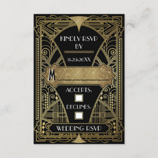 Vintage Black & Gold Art Deco Wedding RSVP Cards