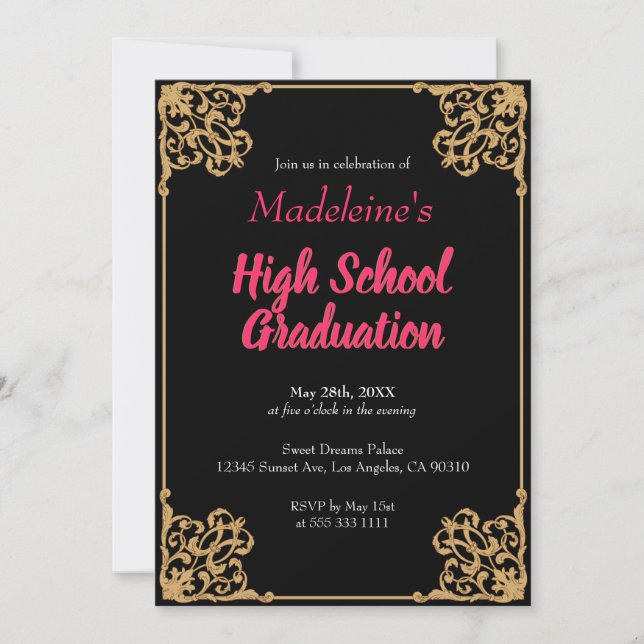 Vintage Black Gold Baroque Frame Pink Graduation  Invitation (Front)
