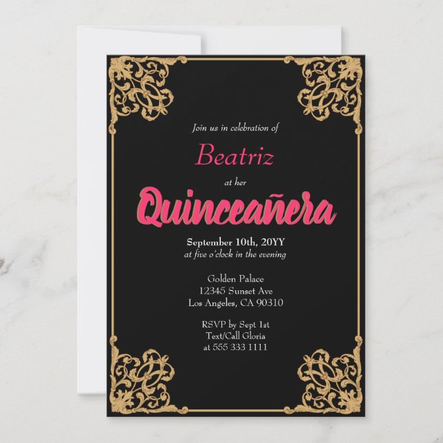 Vintage Black Gold Baroque Frame Pink Quinceañera Invitation (Front)