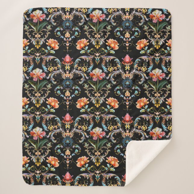 Vintage black gold damask pattern sherpa blanket (Front)