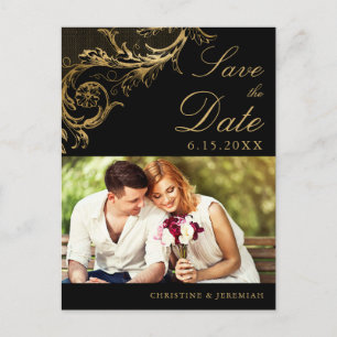 Vintage Black Gold Damask Photo Save the Date Announcement Postcard