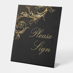 Vintage Black Gold Floral Damask Please Sign