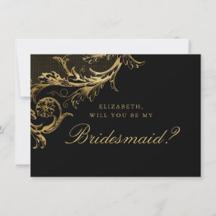 Vintage Black Gold Floral Damask Script Bridesmaid Invitation