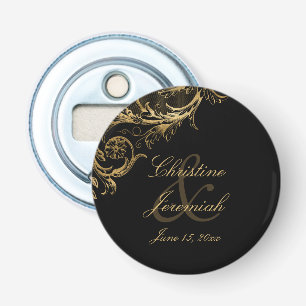 Vintage Black Gold Floral Damask Script Wedding Bottle Opener