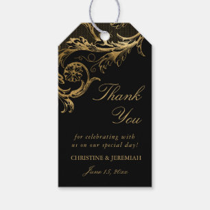 Vintage Black Gold Floral Damask Script Wedding Gift Tags