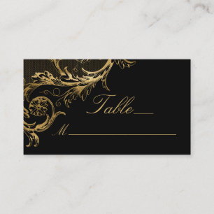 Vintage Black Gold Floral Damask Script Wedding Place Card