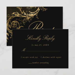 Vintage Black Gold Floral Damask Script Wedding RSVP Card