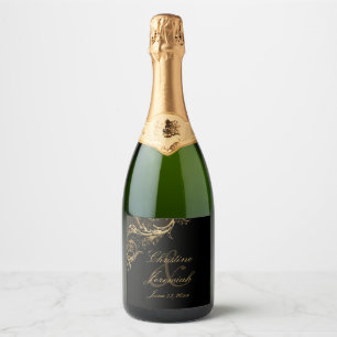 Vintage Black Gold Floral Damask Script Wedding Sparkling Wine Label