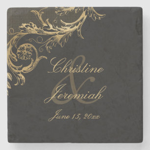 Vintage Black Gold Floral Damask Script Wedding Stone Coaster