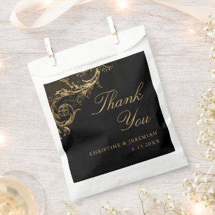 Vintage Black Gold Floral Damask Wedding Thank You Favour Bag