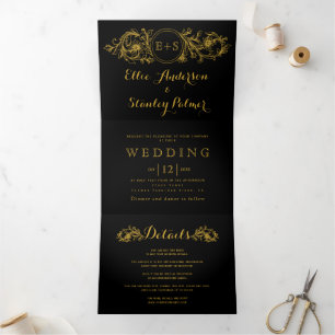 Vintage black, gold floral frame, initials wedding Tri-Fold invitation